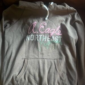 American Eagle Outfitters Brown Hoodie with Pink and Green Details